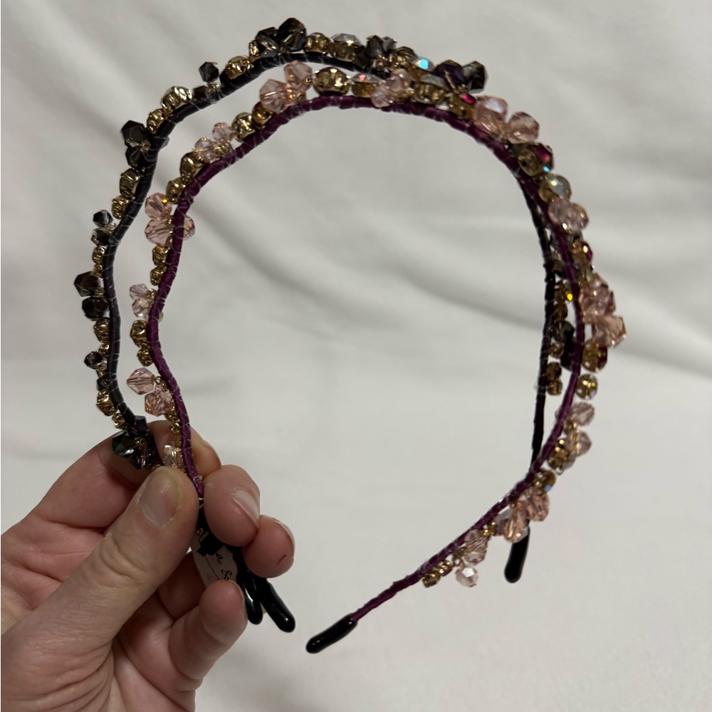 Anna & Ava Set of 2 Wavy Beaded Headbands - Black and Red Crystals & Beades NWT